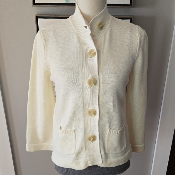 J. Jill Women's Small Cream Button Front Pocket Work Casual Cotton Cardigan - Picture 2 of 14